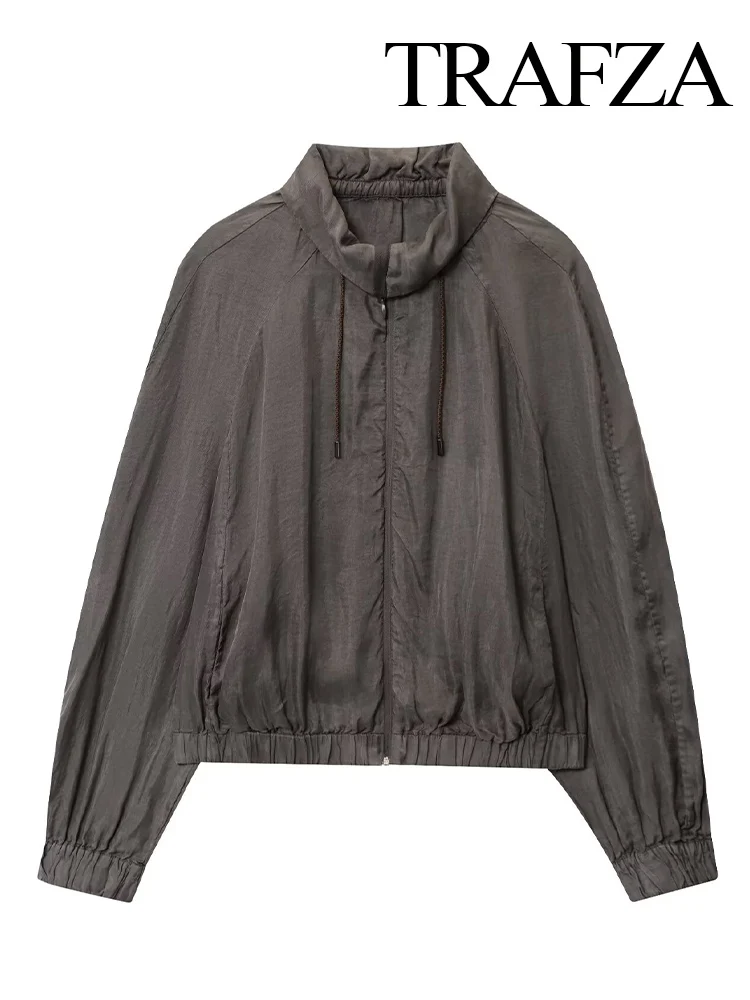 

TRAFZA Women's Autumn Fashion Standing Collar Drooping Bomber Jacket Female Loose Versatile Zipper Pocket Casual Jacket Mujer