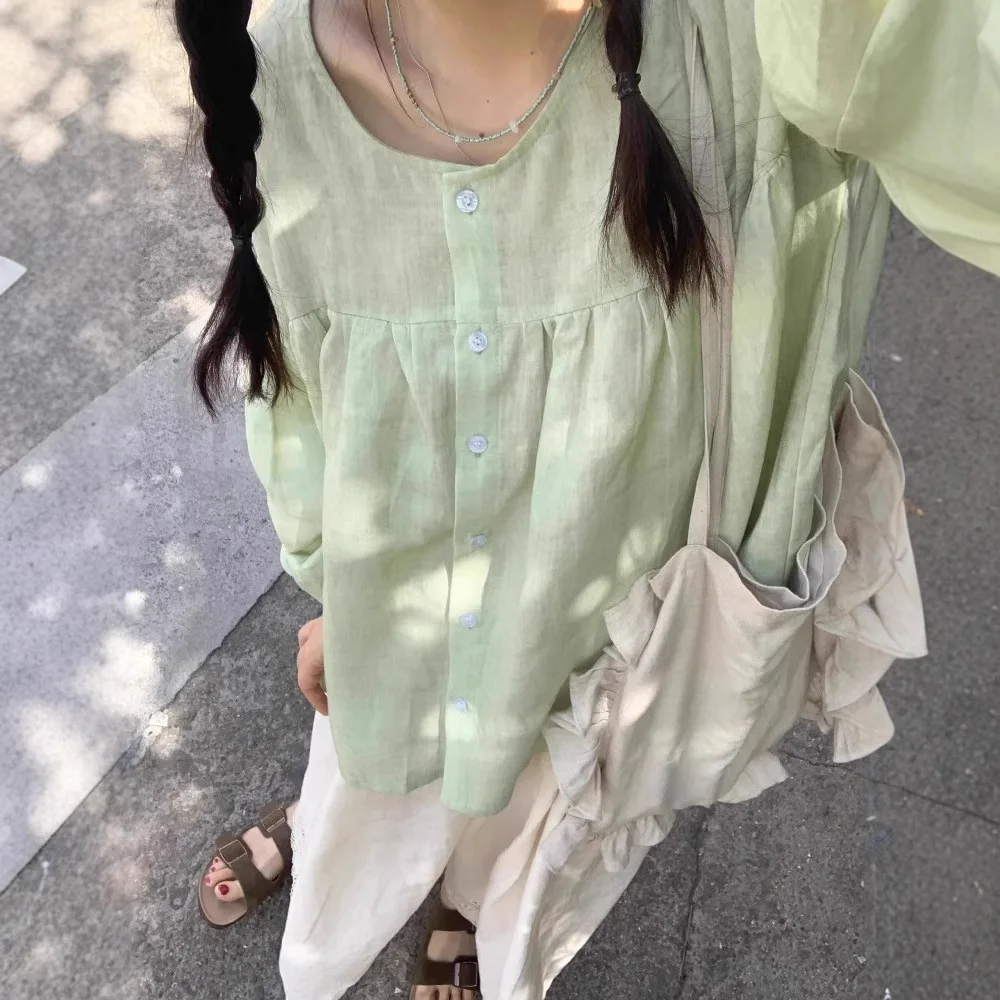 Women's Light Green Linen-Blend Peplum Blouse, U-Neck Button-Down Short Sleeve Top, Casual Loose-Fit Summer Shirt 2