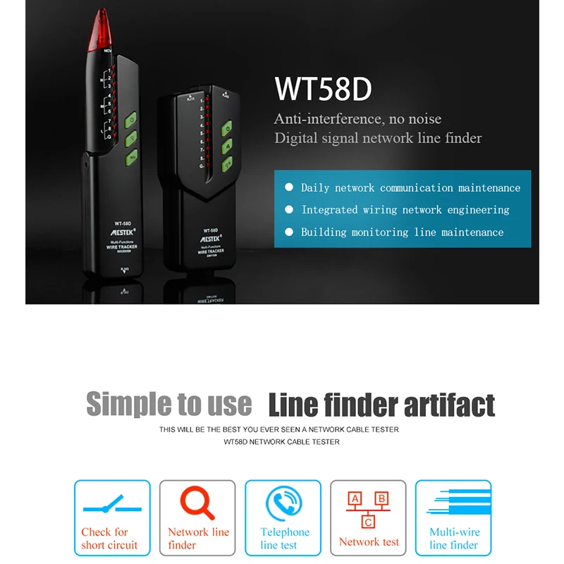 MESTE WT58DL High Quality RJ11 RJ45 Cat5 Cat6 Telephone Wire Tracker Tracer Toner Ethernet LAN Network Cable tester Line Finder