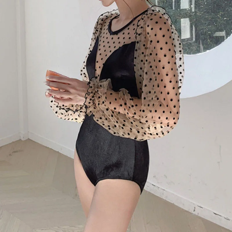 Korean Version Conjoined Body Women's Clothing 2023 Conservative Slimming Long Sleeve Lace Dot Printed Casual Backless Swimwears