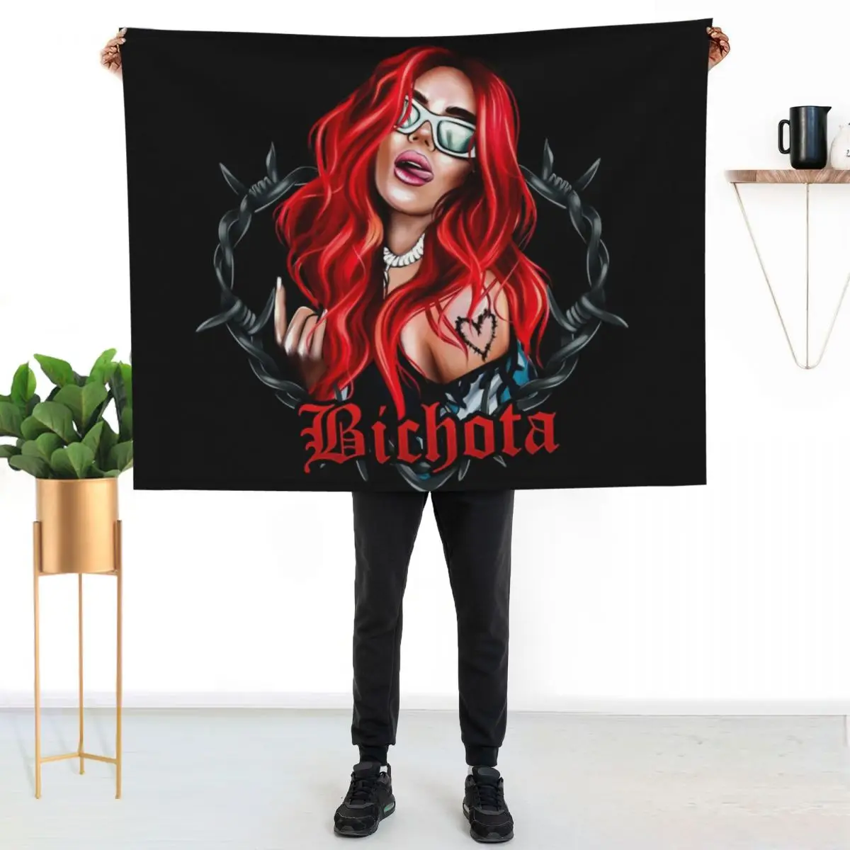 karol g bichota and heart tattoo, Karol red Bare Wire Heart, Bichota , New look with Red Hair Il Throw Blanket Furrys Blankets
