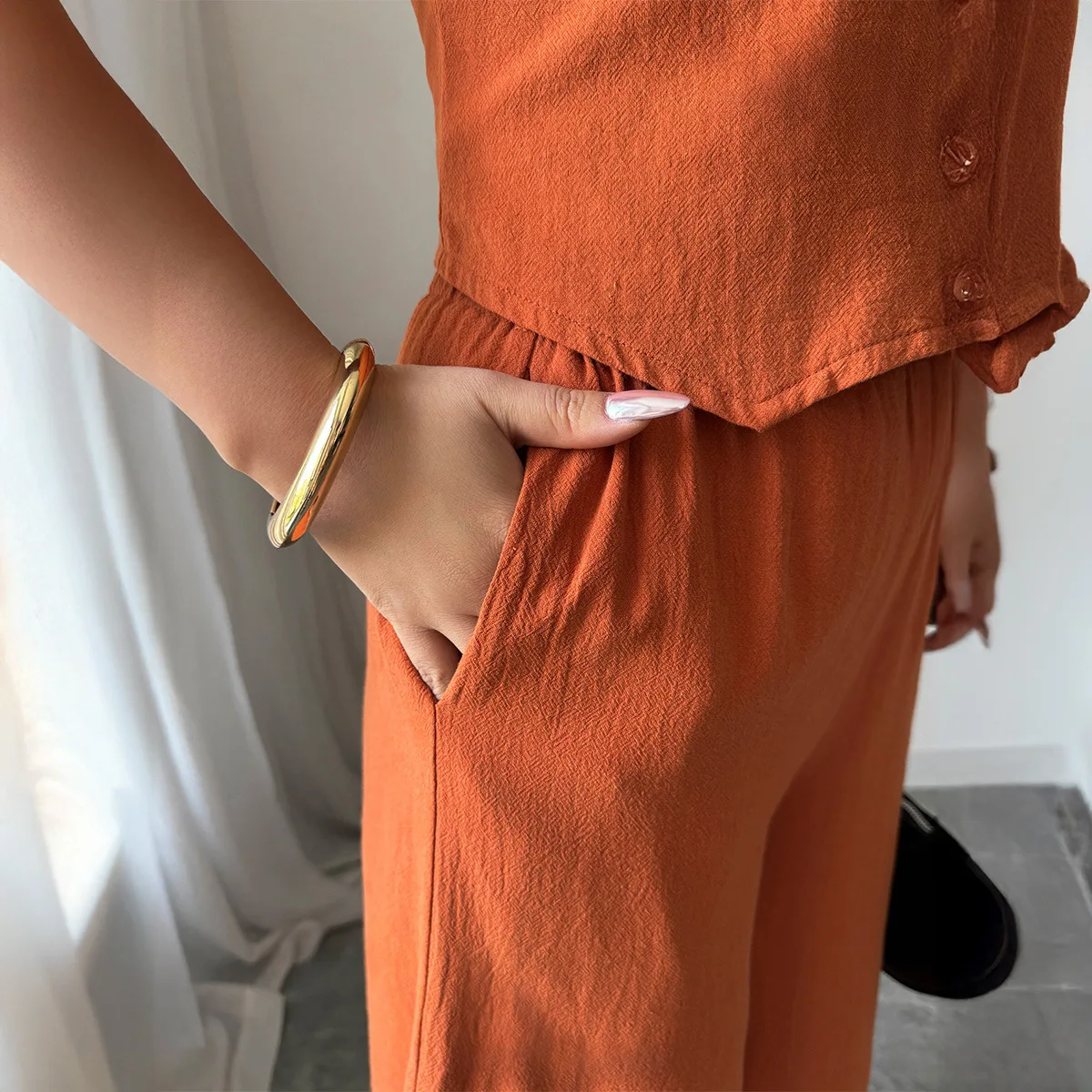 Pant Set Women Two Piece Sets V Neck Sleevelss Vest Tops Solid Wide Leg Long Pants High Waist Y2k Streetwear Elegant Splice