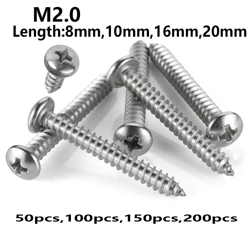 50-200 PCS Multi Functional M2 Length 8mm to 20mm Small 304 Stainless Steel Cross Phillips Pan Round Head Self Tapping Screw