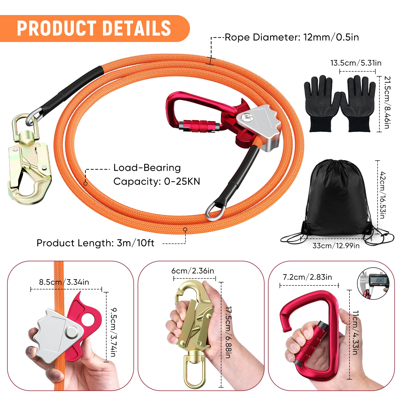 Kit de línea abatible con núcleo de alambre de acero de 2,4/3/3,6 m, cuerda de posicionamiento de escalada ajustable para arboristas, escaladores de árboles al aire libre