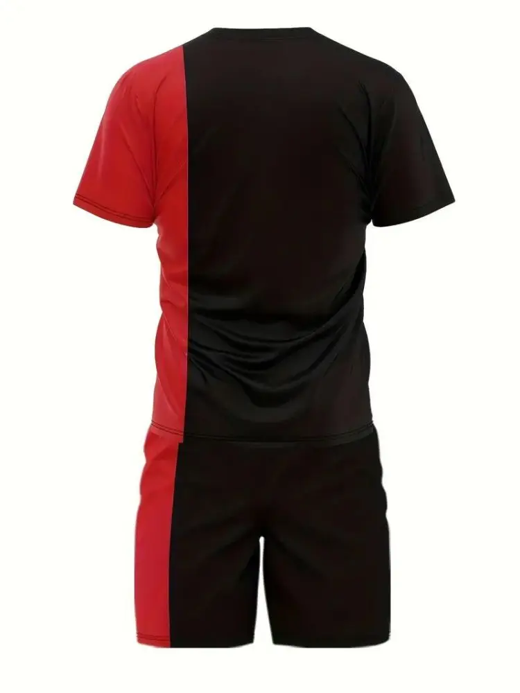 2-piece Men\'s Casual Color Block Outfit Set Summer Men\'s Short Sleeve Round Neck T-shirt & Drawstring Shorts With Pockets Sets