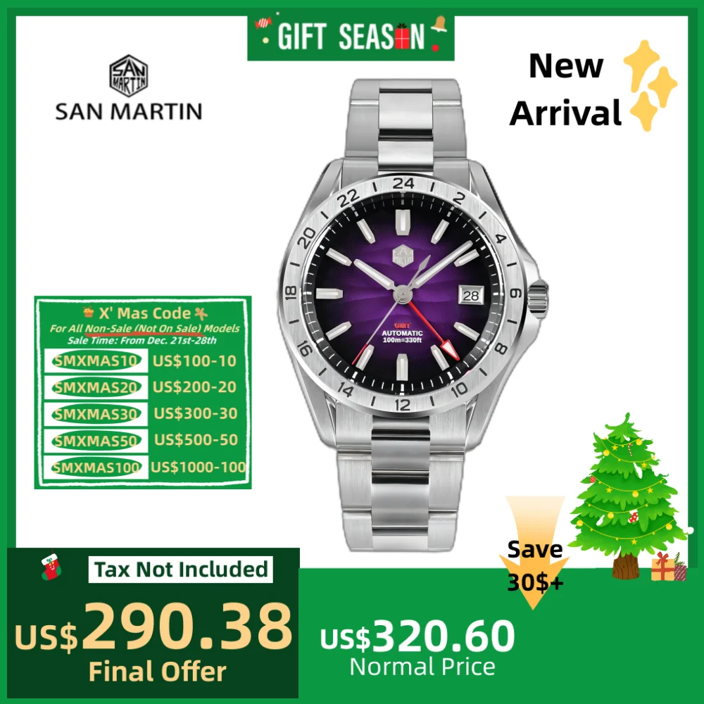 

San Martin 39mm GMT Dress Watches For Men NH34 Automatic Luxury Desert Dune Dial 3H Calendar Display Waterproof Reloj SN0129-6