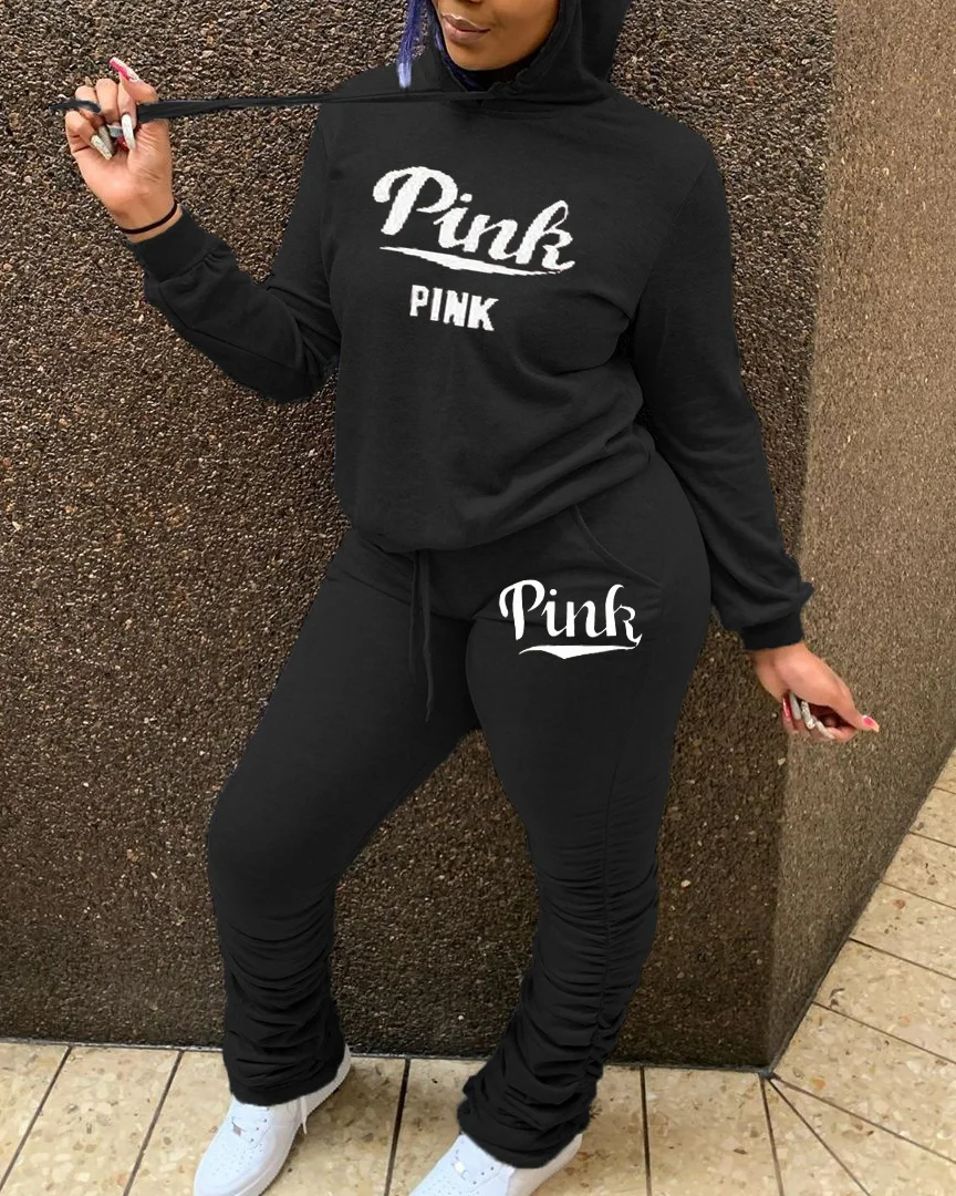 2024 Street 2 Piece Set Pink Letter Hoody Sweatshirt Top + Stacked Sweatpants Suits Casual Sport Outfits Spring Tracksuit Suits