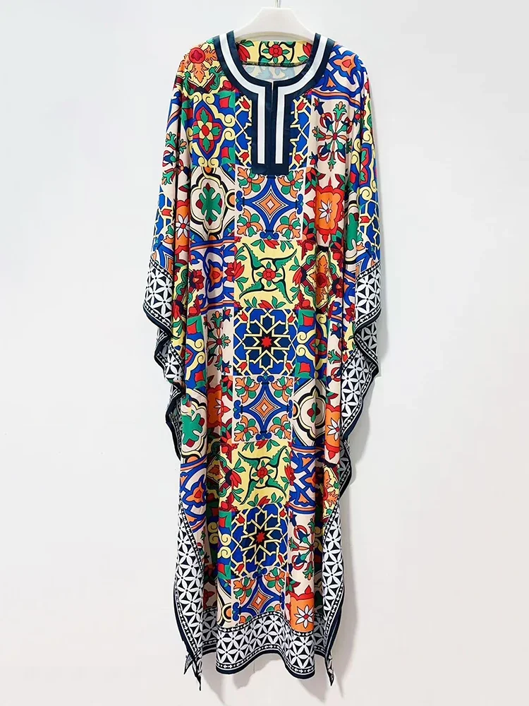 Designer's retro geometric print semi-open collar bat-sleeve pullover dress 2025 Autumn women's fashion loose puffy dress