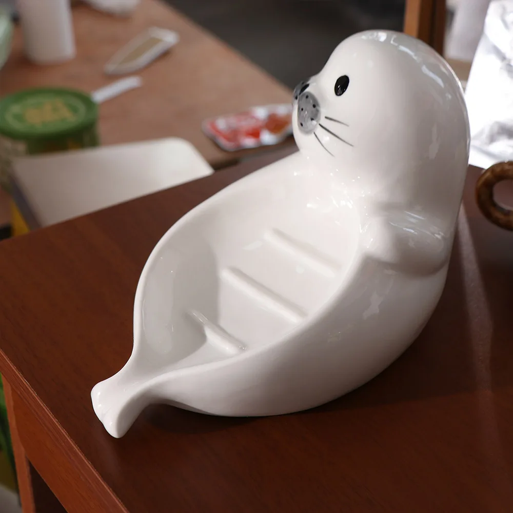 

Cute Sea Lion Soap Dish Soap Box Drainable Self Draining Soap Holder Soap Container Ceramic Bathroom Decor Organizer Kitchen