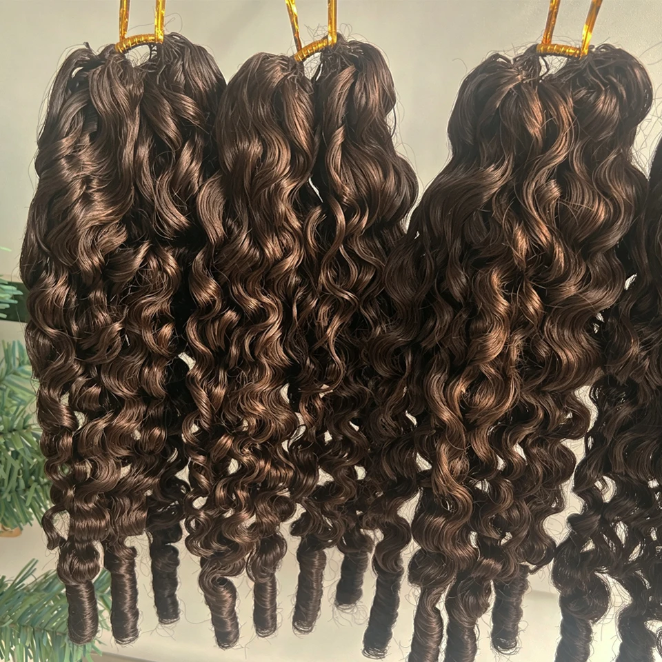 #4 Chocolate Brown Feather Crochet Human Hair Burmese Curly Hair Bundles Extensions Pre-Separated Miracle Knots Burmese Curly Crochet Hair Bundles Lightweight Reusable Invisible Knots Crochet Remy Human Hair Extensions For Women Daily Use Kpop Hairstyles