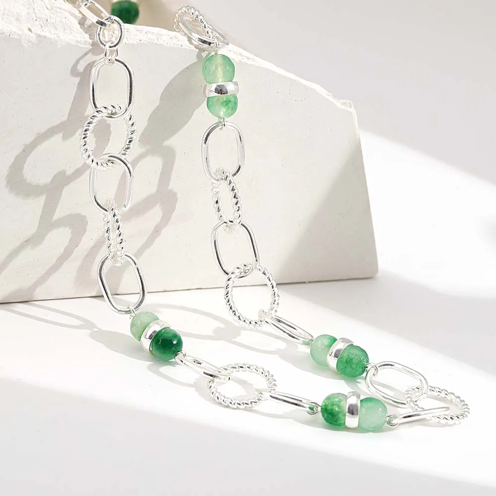 ALLYES Vintage Green Natural Stone Beads Necklaces Irregular Geometric Hollow Round Metal Long Chain Necklace Female Jewelry