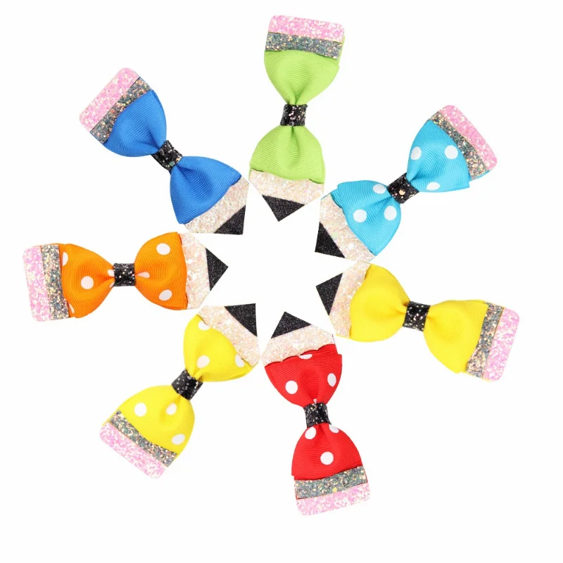 3.9/4.5\'\' BACK TO SCHOOL Glitter Hair Bows With Alligator Clip Solid Pencil Grosgrain Ribbon Hair Clip Fashion Hair Accessories