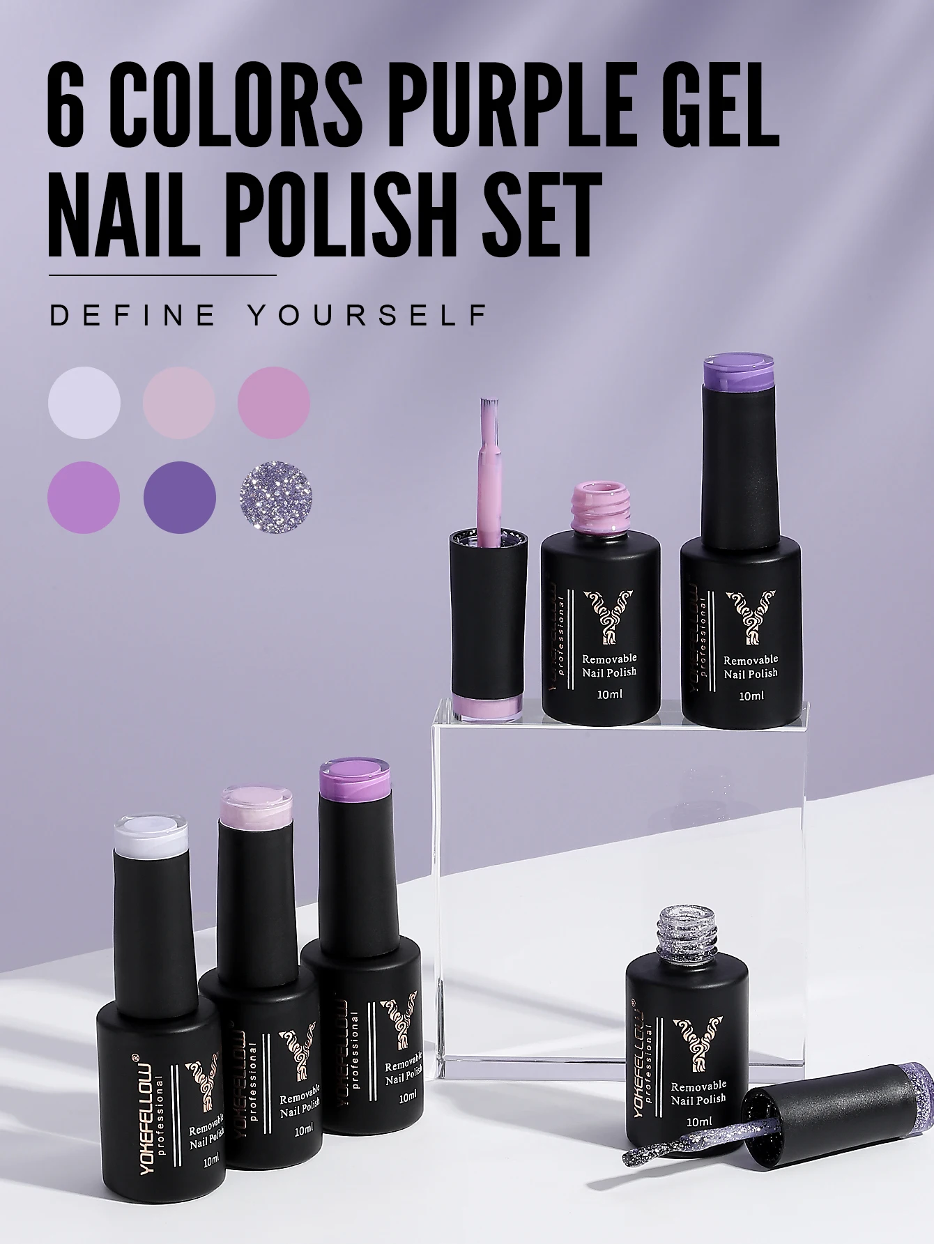 YOKEFELLOW Gel Nail Polish Set 6PCS 10ml Violet Rich Pigment Soak Off Low Odor Long-Wear Gel Varnish for Professional Manicure