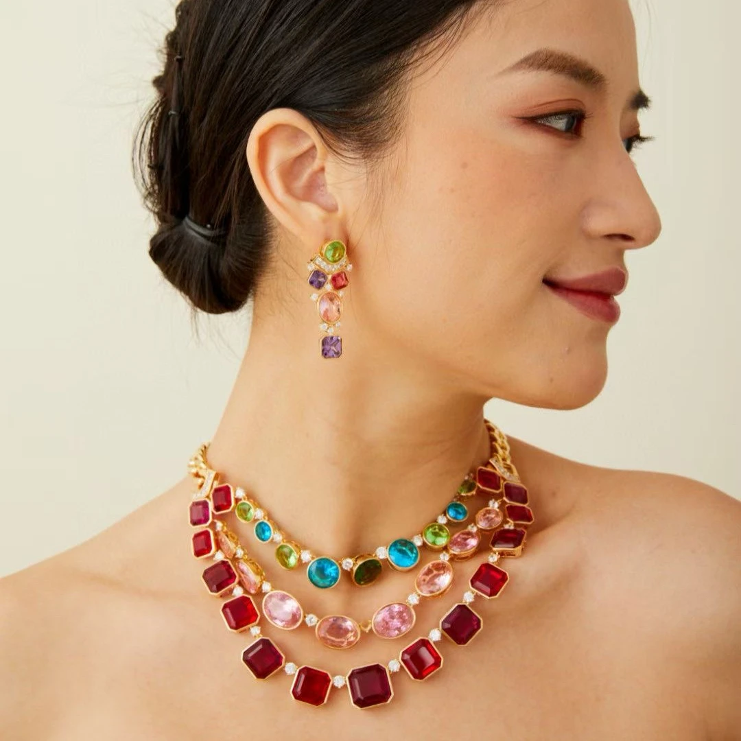 

Fashion Fine Jewelry Sets For Women Lady Evening Dress Inlay AAA Cubic Zirconia Three Layers Colorful Crystal Necklace Earrings
