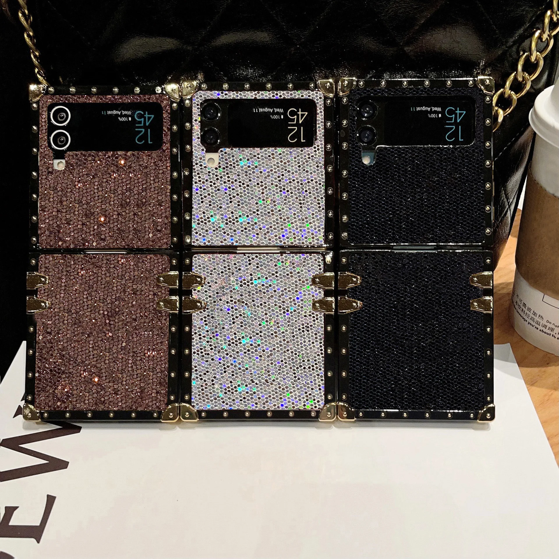 Coque de téléphone antichoc scintillante à la mode, étui arrière carré en cuir Faux ciel étoilé pour Samsung Galaxy Z Flip 8 6 5 4 3 Flip7 FE