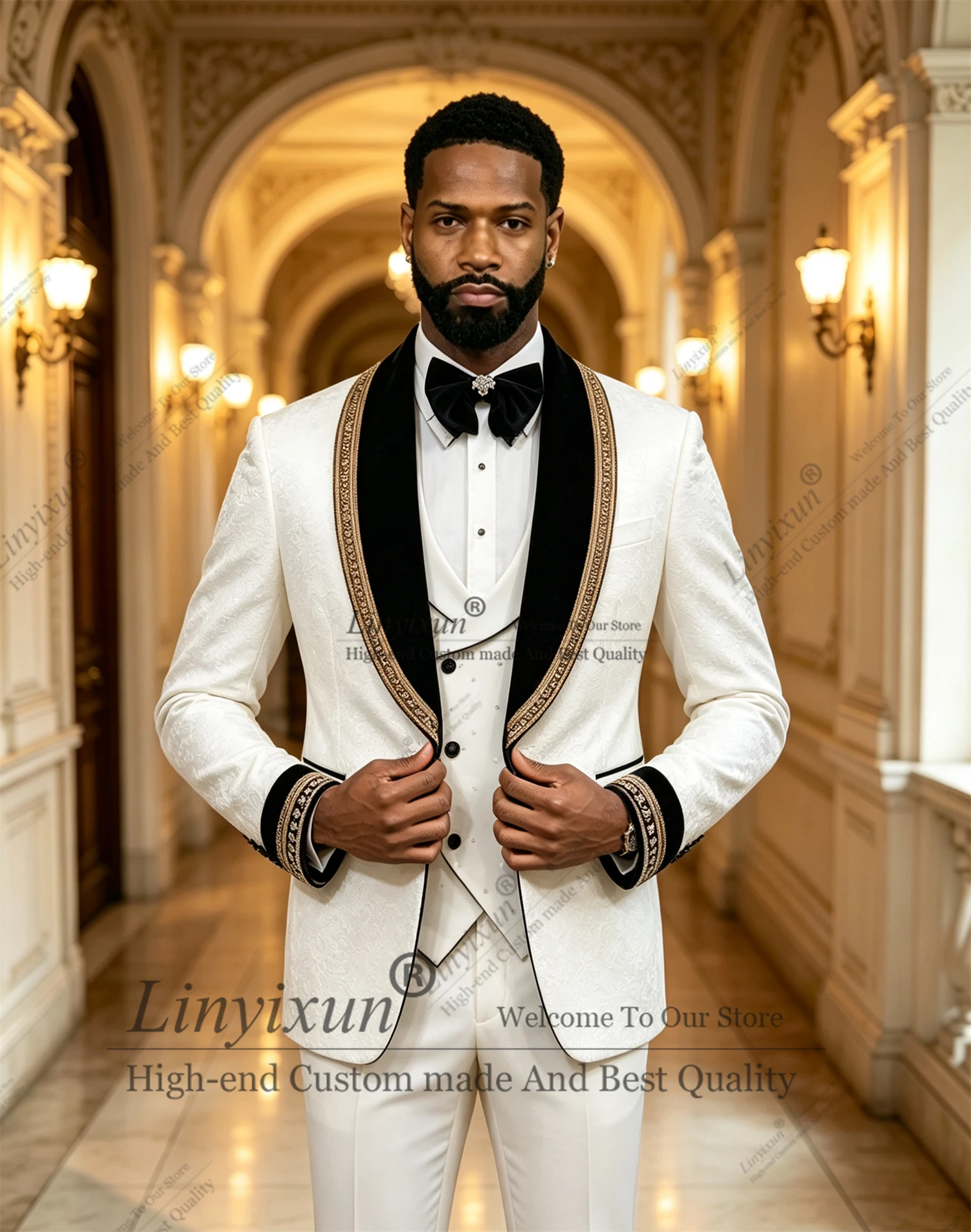 Crystal Beaded 3 Piece Jacquard Wedding Men's Tuxedo Customized Shawl Lapel Blazer Business Prom Party Set  Men's Formal Clothes