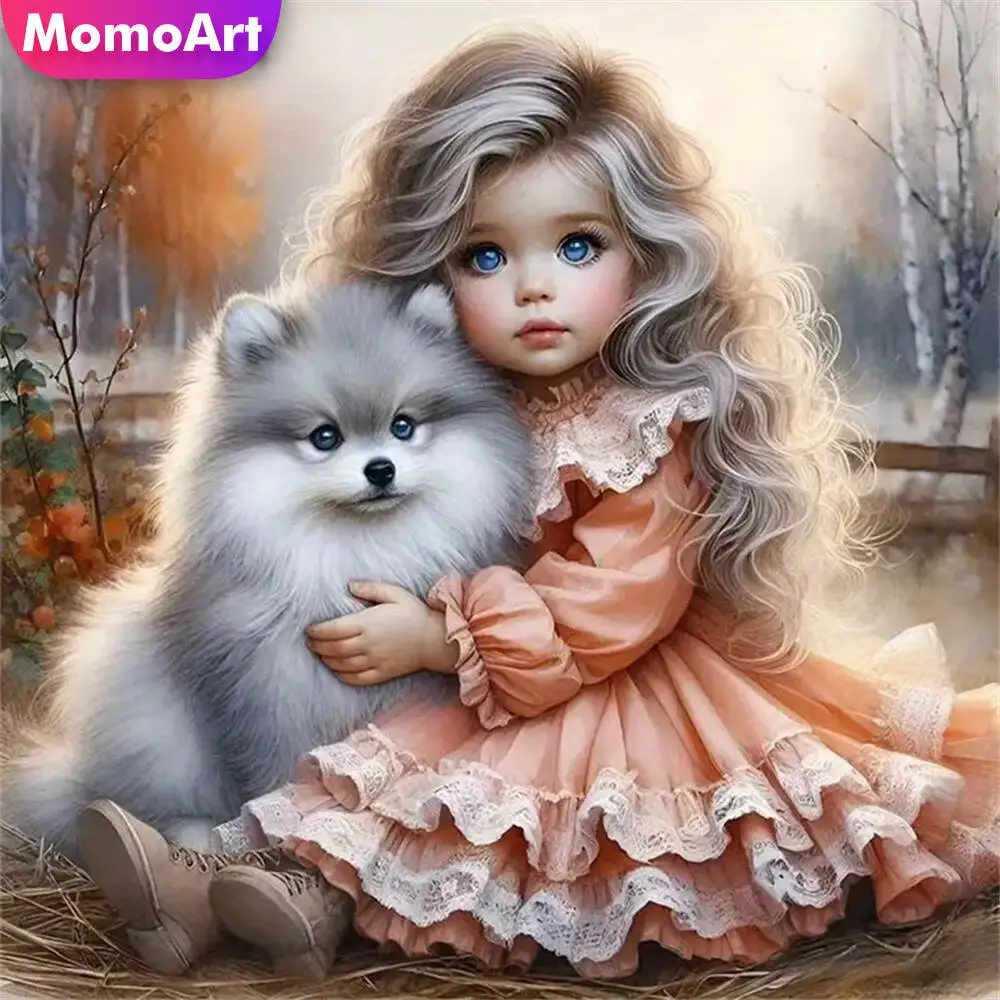 Momoart New Arrival Diamond Mosaic Girl Portrait DIY Painting Dog Acrylic Craft Supplies Embroidery Cartoon Holiday Gifts