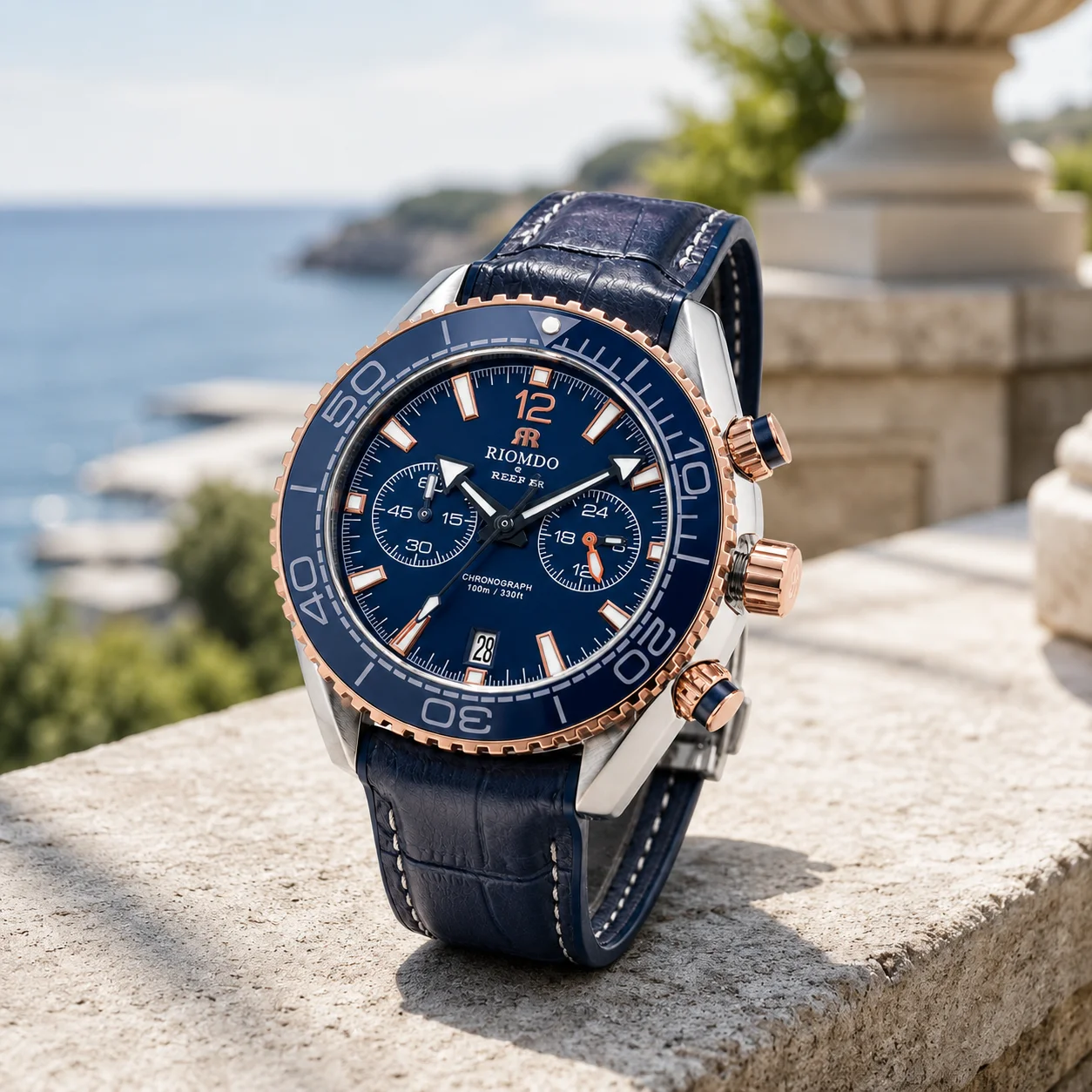 RIOMDO Men's Blue Chronograph Quartz Watch 24 Hour Display Luminous Waterproof Calfskin Strap Business Watch with Date RD-564