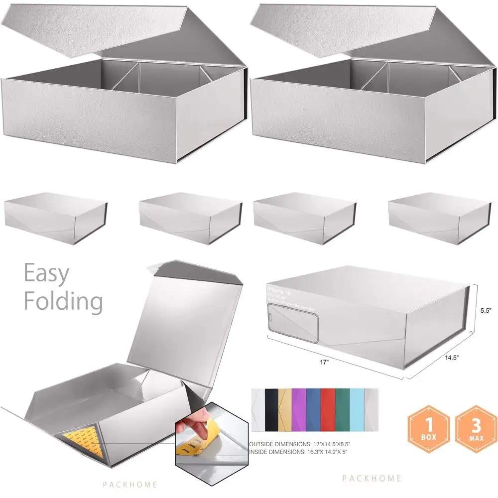 

Очень большие коробки с магнитной застежкой, 17x14.5x5.5 дюймов, идеально подходят для одежды и крупногабаритных предметов, глянцевое серебро с текстурой травы