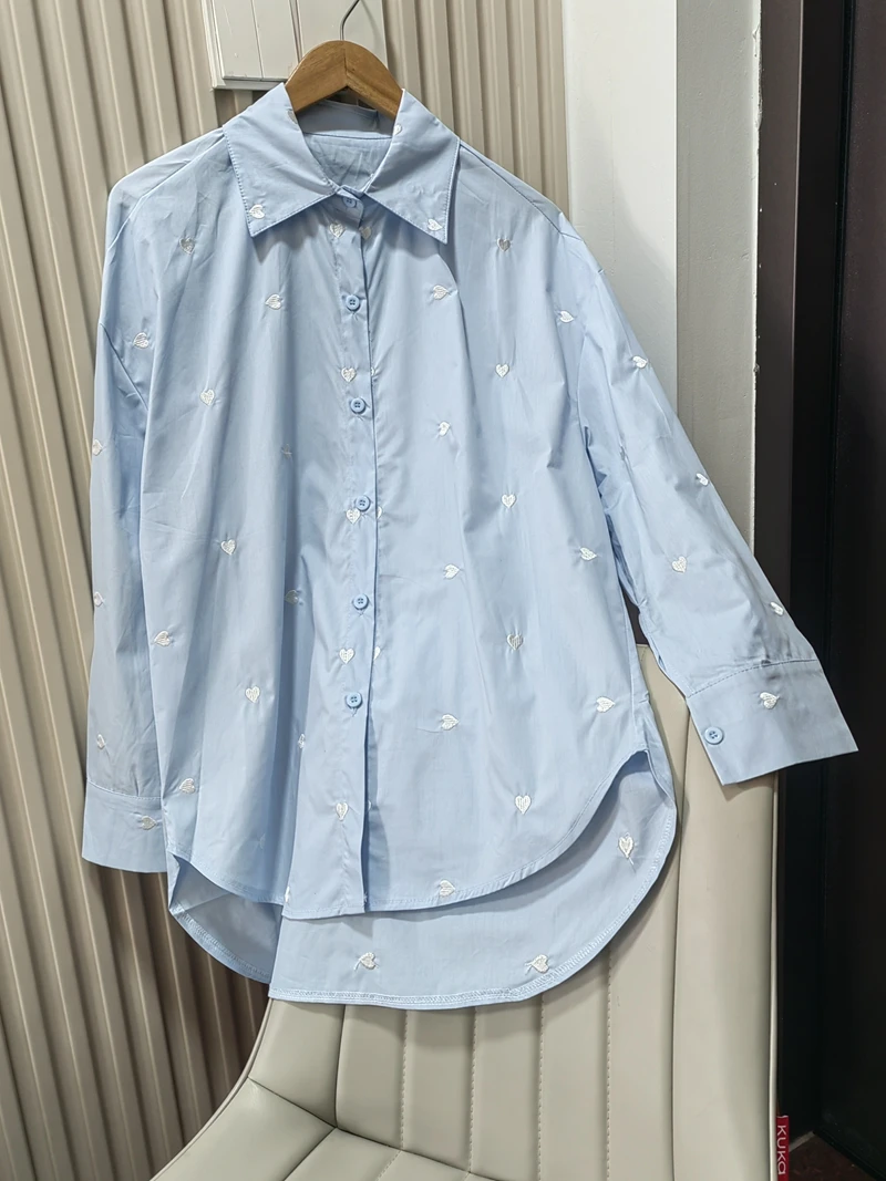 Real Photo White Heart Turn-over Collar Shirt 2025 Spring and Autumn New Korean Style Casual All-match Thin Blouse Women\'s Cloth