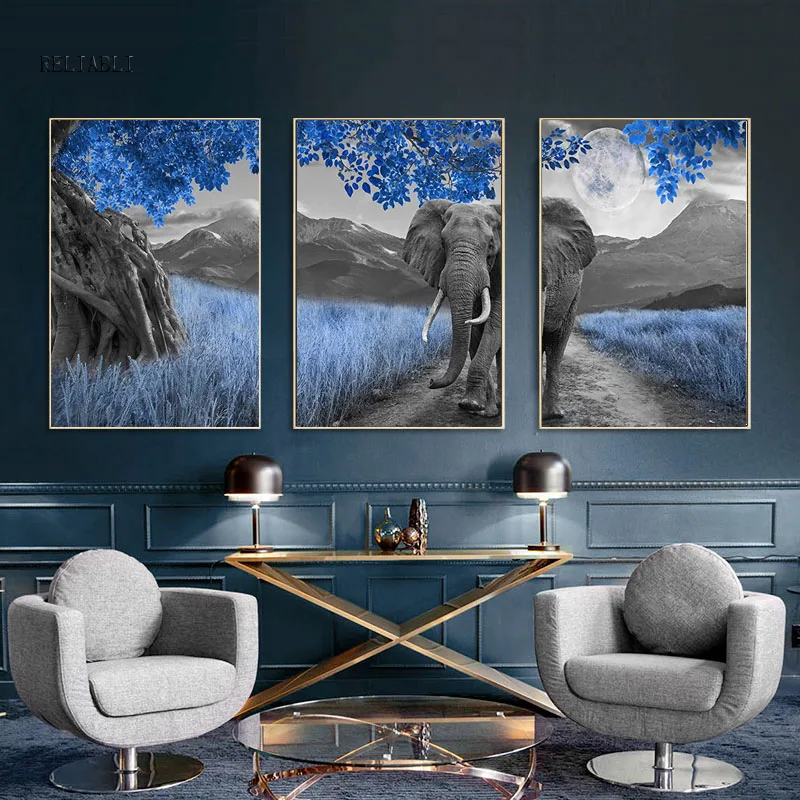 3Pcs Blue Landscape Elephant Posters Modern Living Room Decor Painting Animal Canvas Print Picture Wall Art Home Decorative