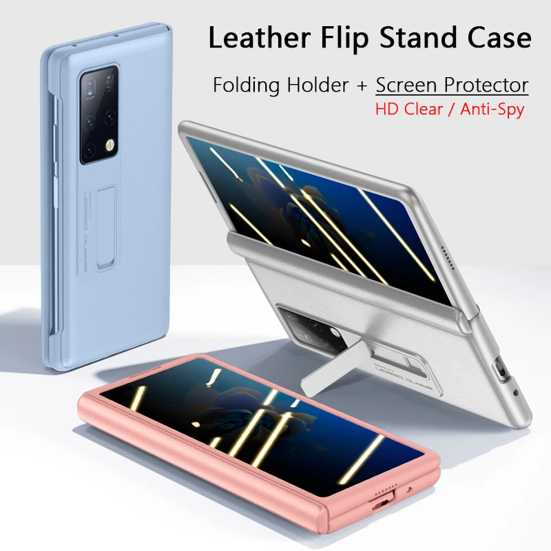 Luxury Leather Flip Stand Case For Huawei Mate X2 Magnetic Folding Holder HD Clear / Anti-Spy Screen Protector Film Back Cover