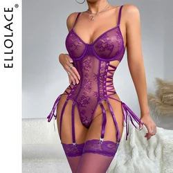 Ellolace Sexy Bodysuit With Stocking Lace Up Bodys Purple Sissy Crotchless High Cut Body Suit See Through Bodycon Onlyfan Tops