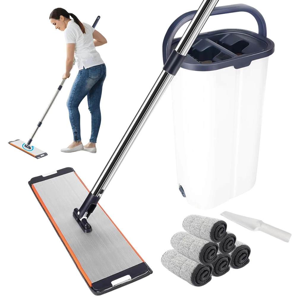 Weißes Metall-Flachmop-Eimer-Set mit Gummi-Abzieher + 3/6 Waschbare Mop-Tücher Geeignet für Nass- und Trockenreinigung, Boden- und Wandreinigungssystem. Ideal für Wohnzimmer, Schlafzimmer, Badezimmer