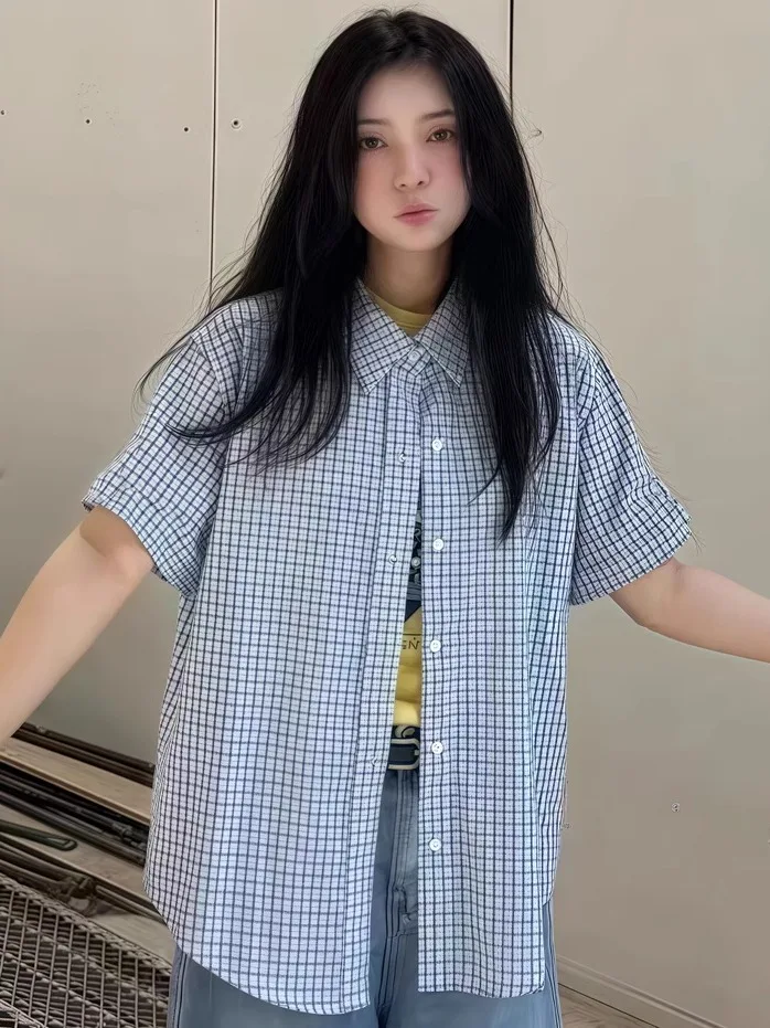 

Свободный крой синий клетчатый ort Sve irt женский летний новый дизайн ленивый топ универсальная корейская версия для поездок на работу Wind irt