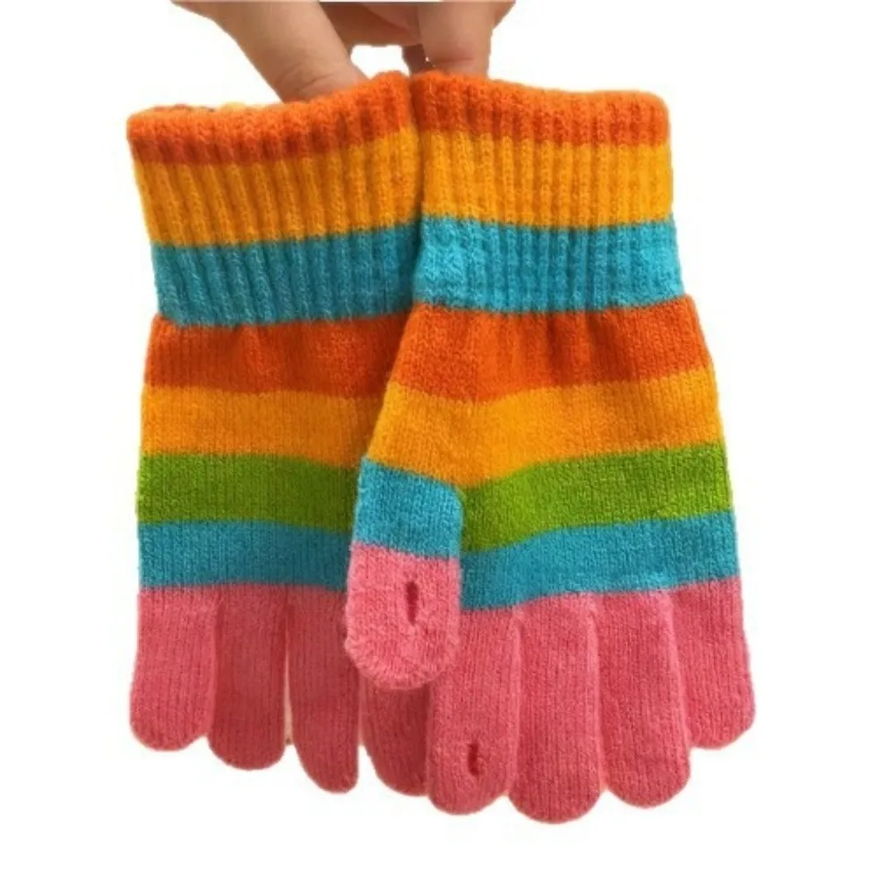 

A Pair Touchscreen Rainbow Striped Gloves Thickened Warm Knit Gloves Stretchable Striped Design Half-Finger Gloves Winter Season