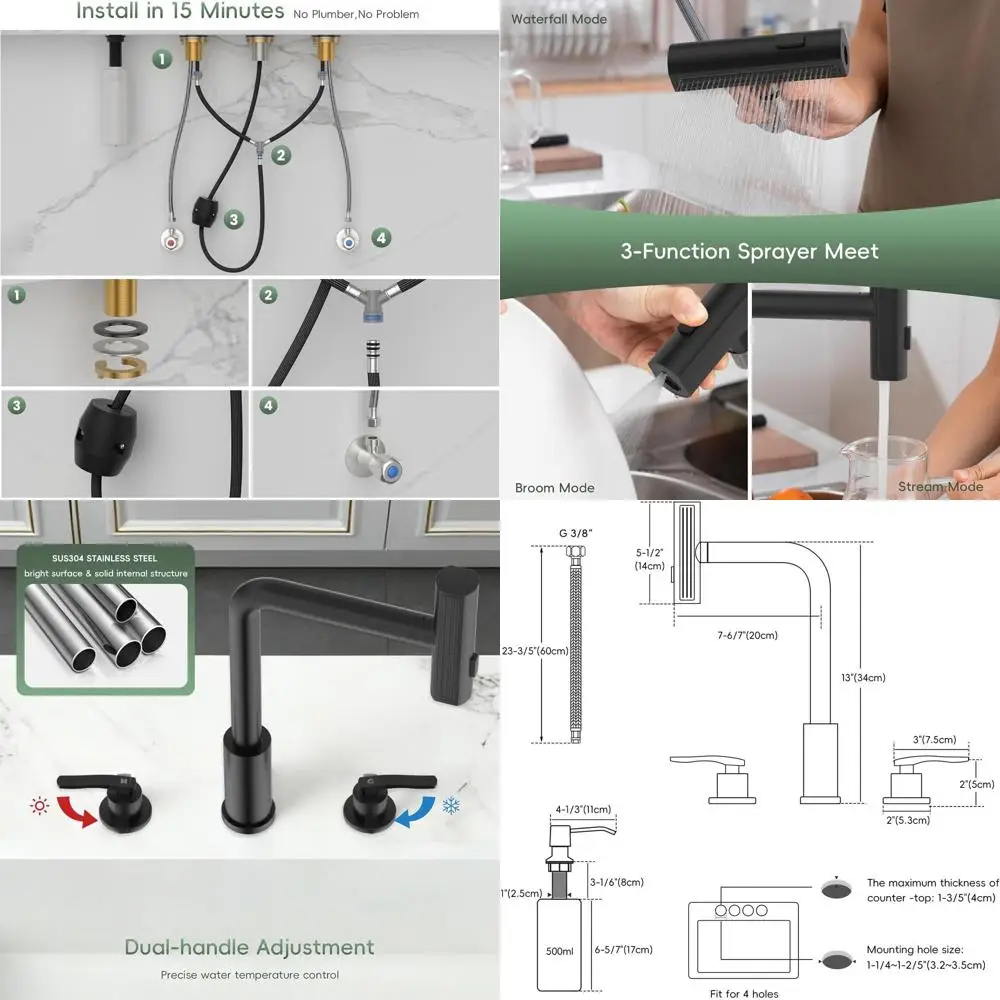 

Matte Black 4-Hole Pull-Down Kitchen Faucet with Dual-Handle and Soap Dispenser, 3-Mode Waterfall Spray Stainless Steel Sink Mix