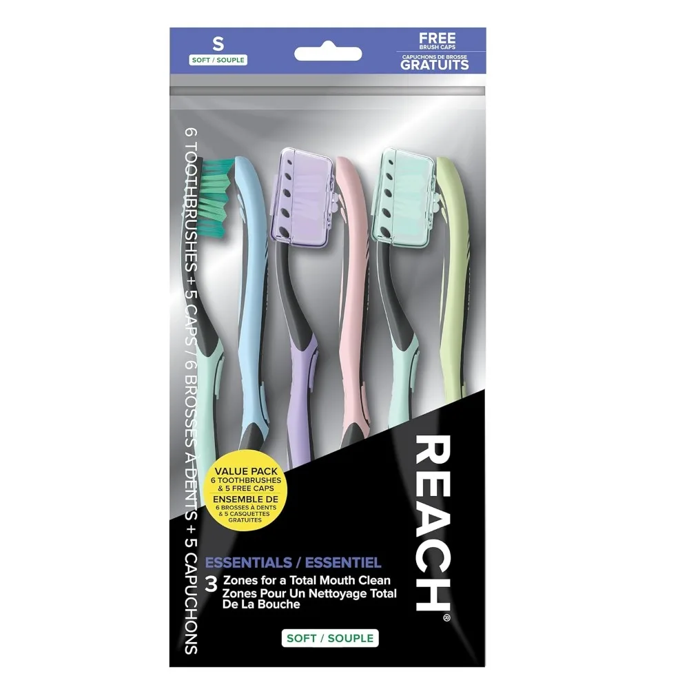 

Essential MultiZone Angled Soft Bristle Toothbrush with Cap Contoured Grip and Tongue Cleaner 6 Pack
