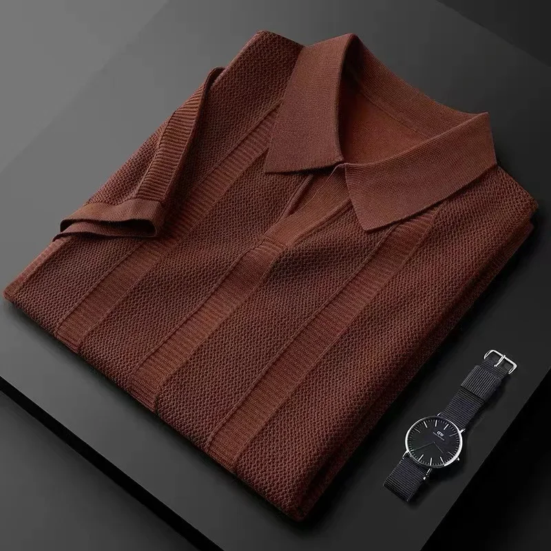 Minglu Knitted Summer Men's Polo Shirts High Quality Short Sleeve Solid Color Hollow Out Business Casual Male T-shirts Man Tees