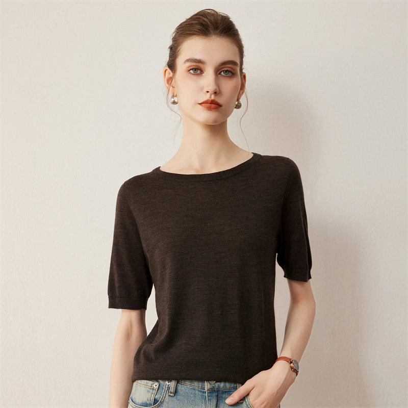 Autumn women's 100% wool Biella yarn sweater French minimalist solid color knitted sweater short sleeved round neck slim fit top