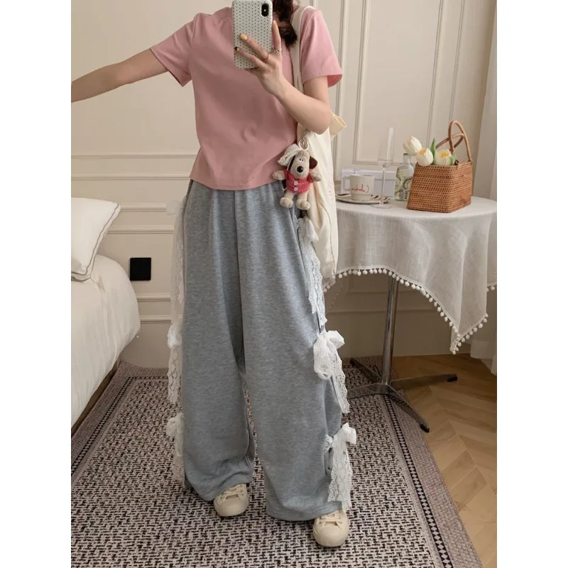 

Korean Minority Design High Waist Wide-leg Pant Spring Autumn 2024 New Fashion Lace Bow Mopping Casual Pants Streetwear Women