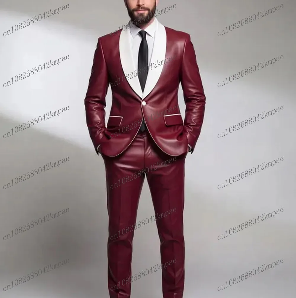 

White Collar Burgundy Leather Men Suit Formal Groom Groomsman Wedding Party Prom Male Business Tuxedos 2 Piece Blazer Pants