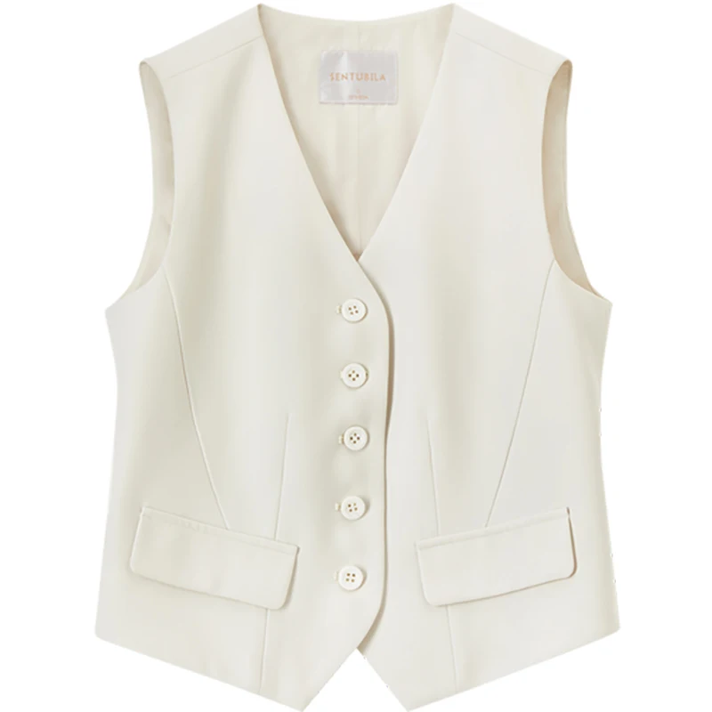 SENTUBILA Suit Vest For Woman 2025 Autumn V-Neck Solid Single-breasted Fake Pocket Waistcoats Sleeveless Tops 153JA2260