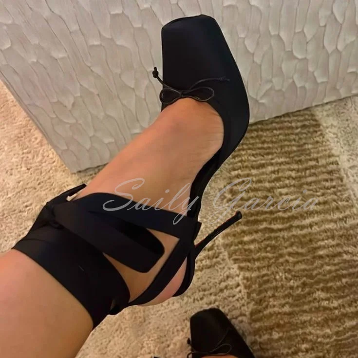 Balck Stain Lace Up Ballet Shoes Girl Pink Square Toe Bow Tie Stiletto Heel Ankle Strap Slingback Elegant Summer Sexy Pumps