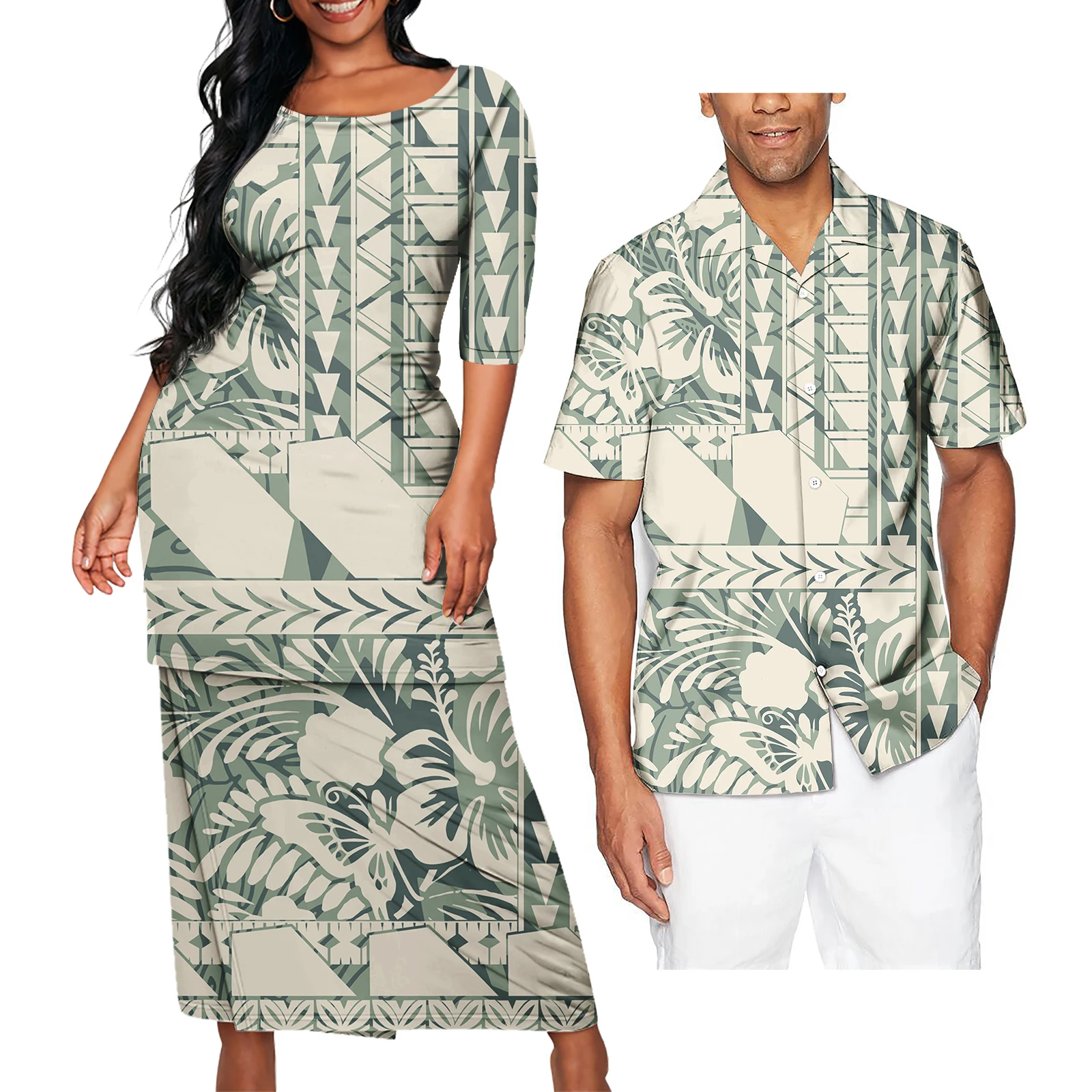 Floral Print Evening Party Puletasi Dresses And Aloha Shirts Couple Of Set Polynesian Hawaiian Tribal Matching Couple Outfits