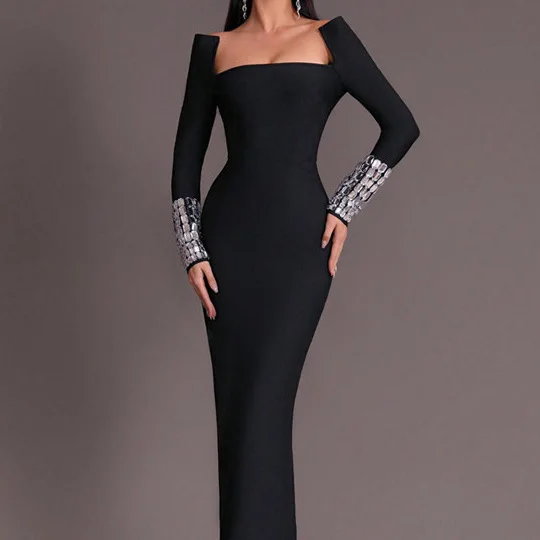 

New summer sexy bead long-sleeved bandage skirt fashionable slim-fitting elegant celebrity party dress party sexy temperament el