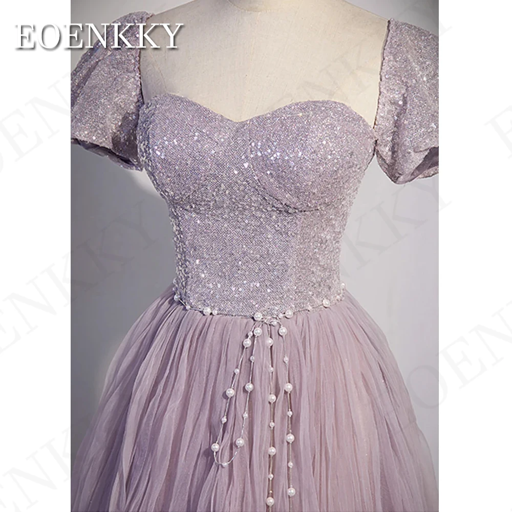 Purple A Line Prom Dress Luxury 2024 Tulle A Line Pearls Belt Party Dresses Detachable Sequined Puff Sleeves vestidos de noite