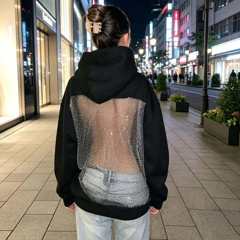 Womens Open Back Sheer Mesh Hoodie Long Sleeve Cutout Sweatshirt Fall Winter Casual Top for Party Commute Christmas Gift