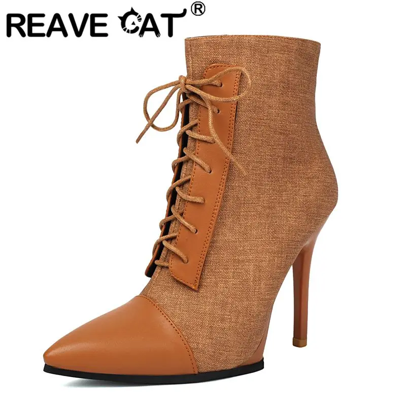

REAVE CAT Fmeale Ankle Boots Pointed Toe 11cm Thin High Heels Zipper Lace Up Mixed Color Plus Size 40 41 Dating Party Short Bota