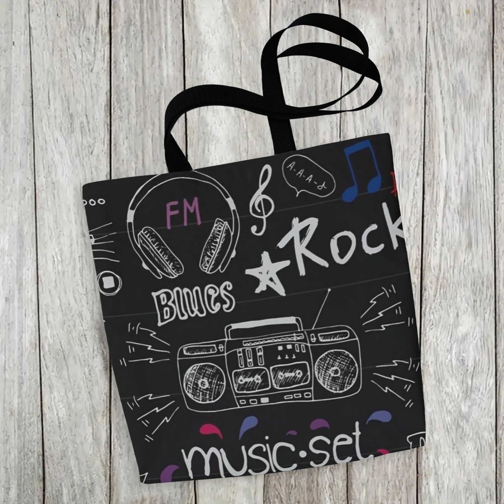 Rock Music Graffiti Canvas Women Tote Bag Black Music Print Shoulder Bag Large Capacity Casual Handbag Reusable Music Travel