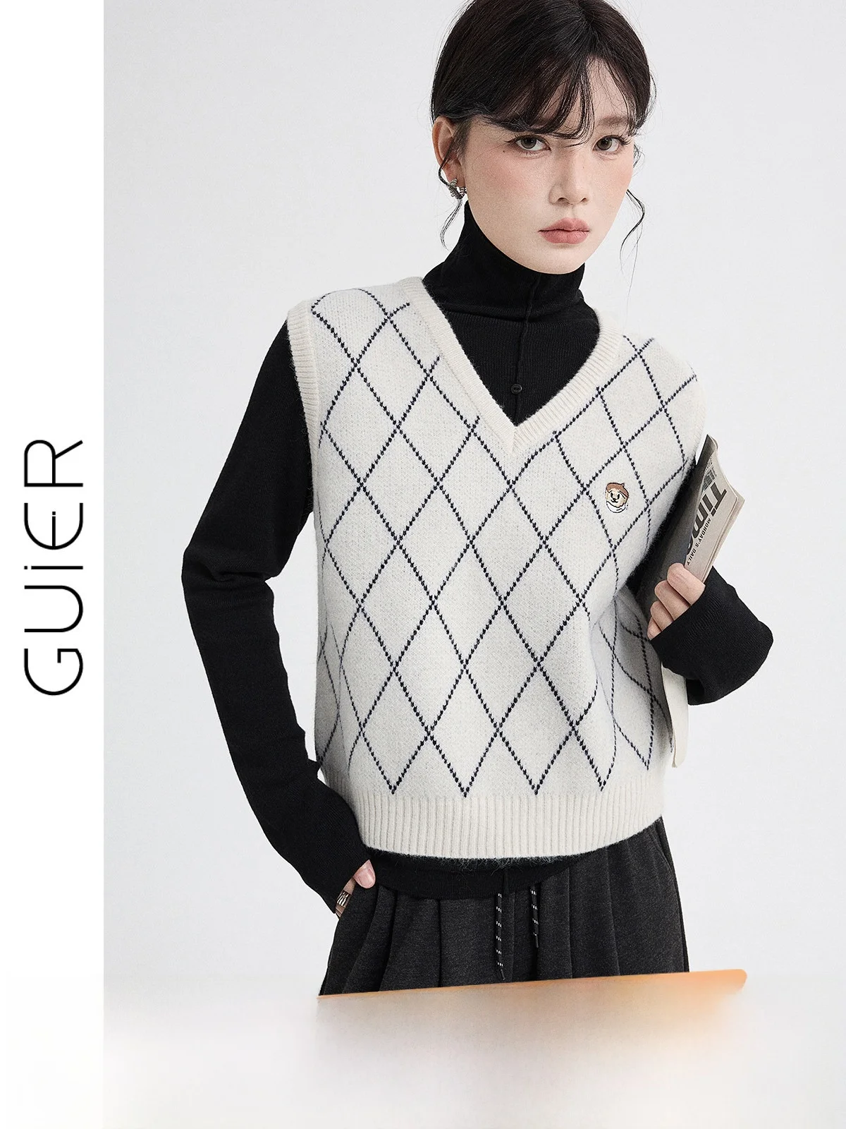 

Women's Knitted Vest Winter New Sle College Sle Diamond Pattern Layering Svel V-ne Thi Stand Fit ort Length