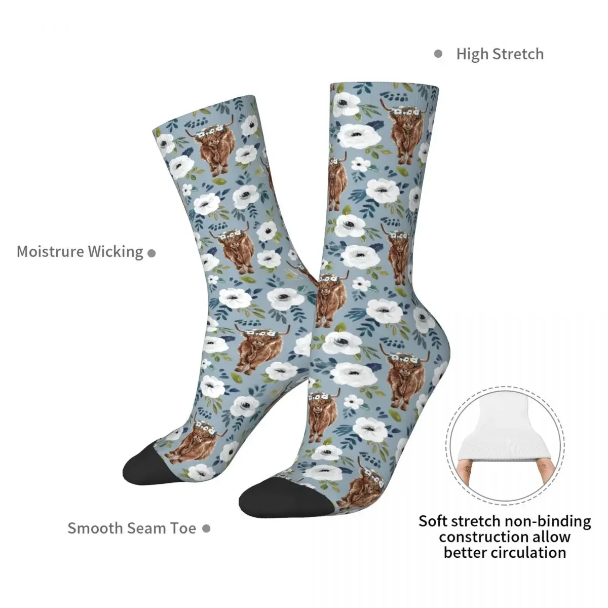 Blue Highland Cow Floral Socks Harajuku Sweat Absorbing Stockings All Season Long Socks Accessories for Man's Woman's Gifts