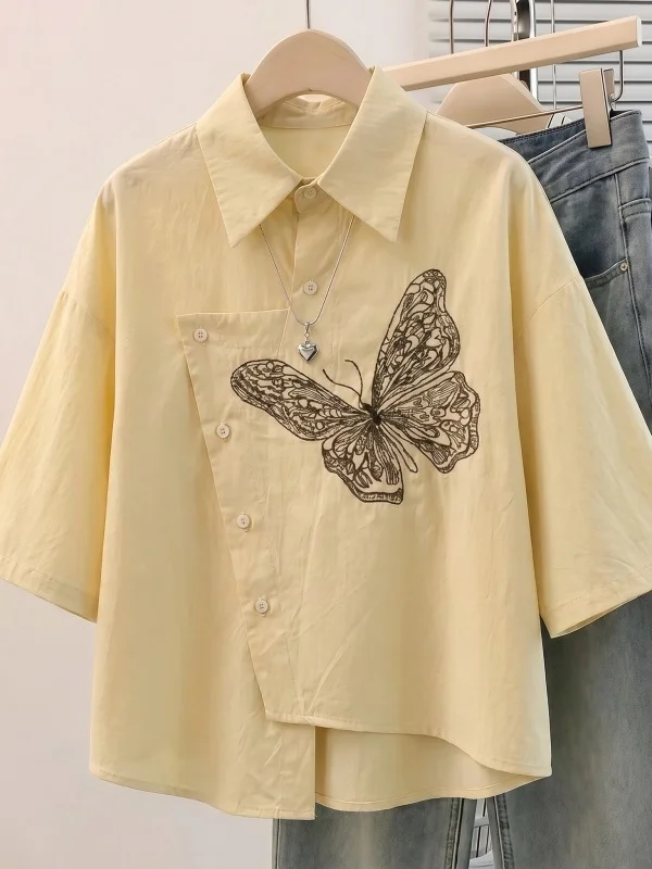 

Sweet And Salty Embroidery Short Sleeve Shirt Women's Summer New plus Size Irregular Top Korean Style Loose Fit