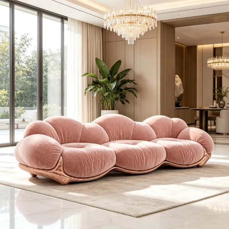 Rose gold curved base cloud bubble combination sofa, gray-pink velvet upholstered, multi-seater sofa bed, fiberglass frame