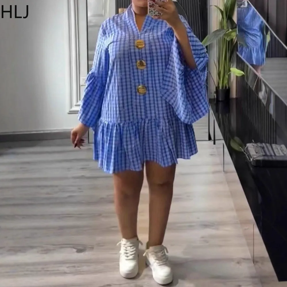 HLJ rétro mode damier imprimé Patchwork chemise t-shirt pour femme col en V manches longues robes amples femme fête nuit anniversaire