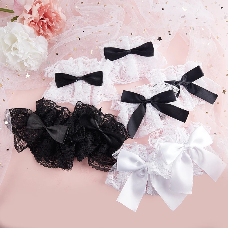 Gothic Lolita Wrist Cuffs Sweet Satin Bow Ruffles Floral Lace Tulle Bracelet Wristband Japanese Maid Cosplay Hand Sleeve